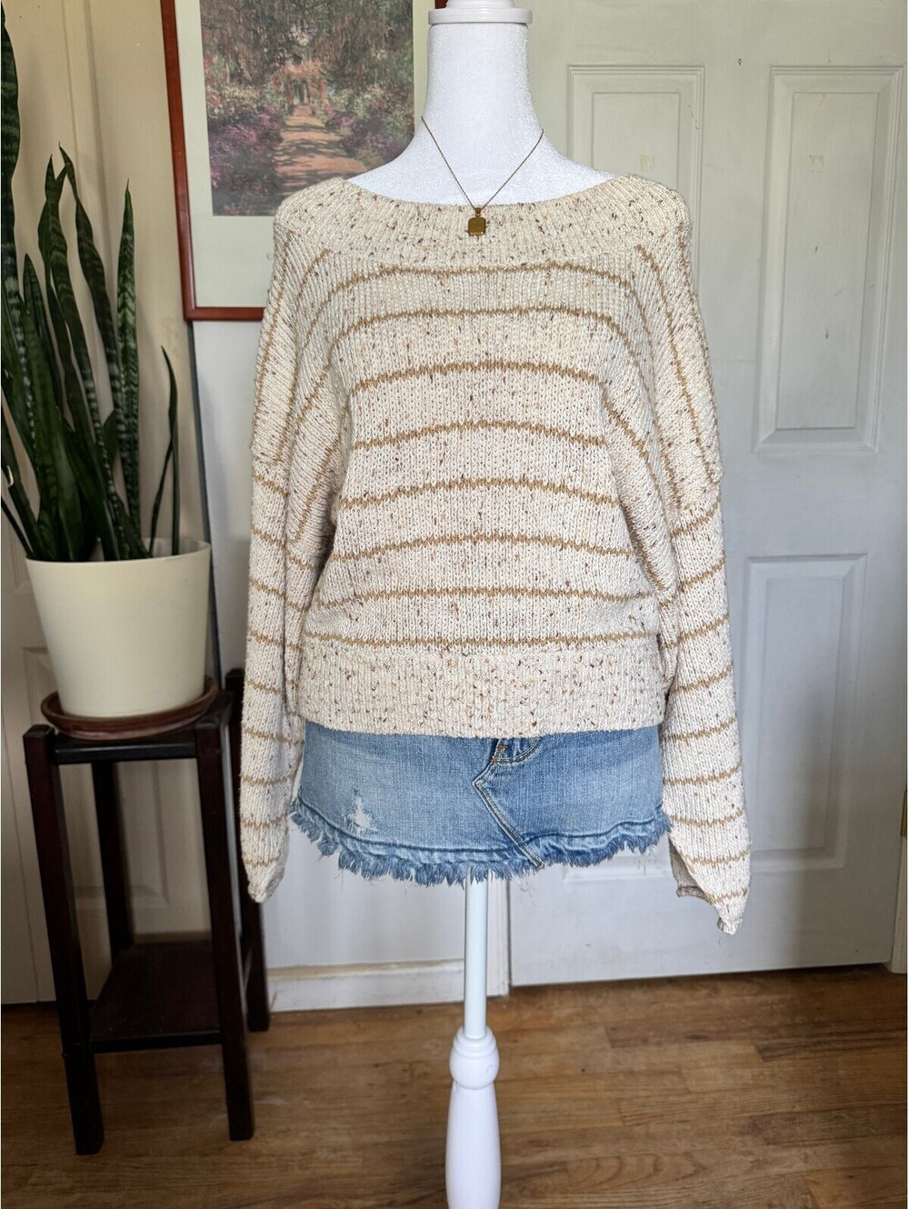 FreePeople Cozy Striped Knit Sweater in Cream and Beige
